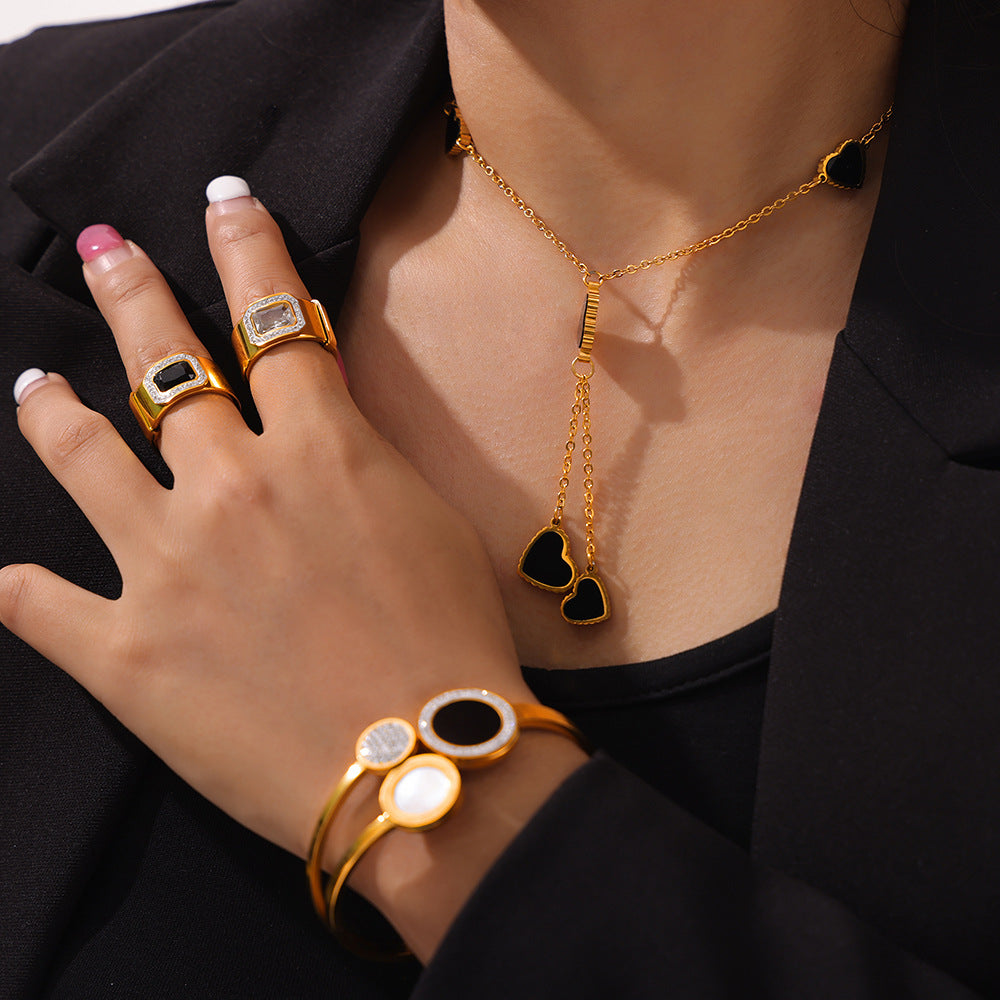 Heart-shaped Seashell Necklace Black CZ Bracelet Ring Jewelry Suit