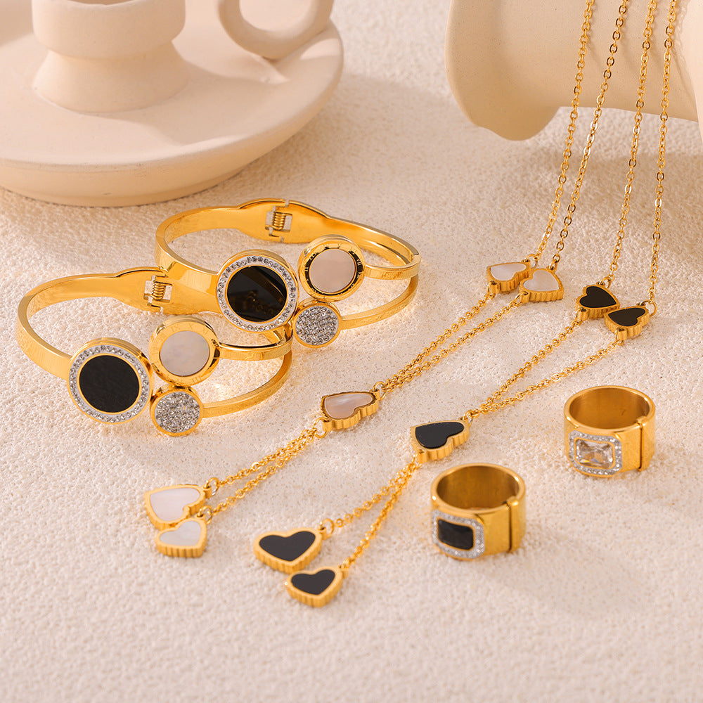 Heart-shaped Seashell Necklace Black CZ Bracelet Ring Jewelry Suit