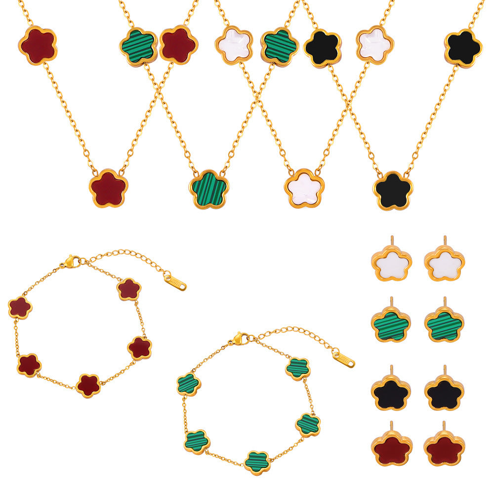 Flower Inlay White Shell Bracelet Necklace Earrings Jewelry Suit