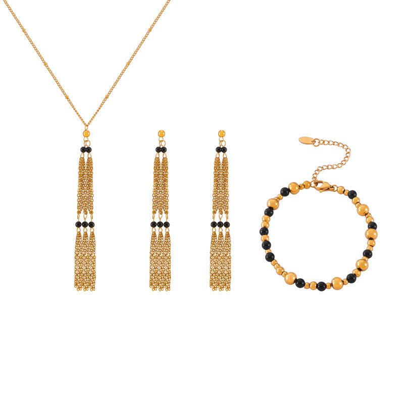 Multi-layer Chain Stitching Agate Stone Beaded Earrings Necklace Bracelet Jewelry Suit