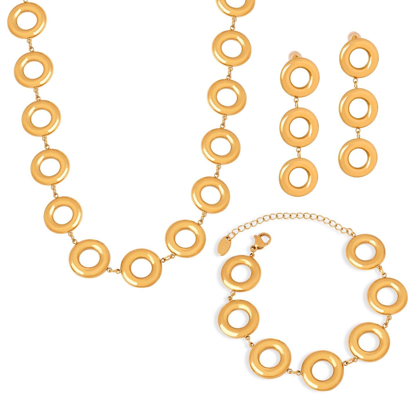 Stainless Steel Hollow Round Bracelet Necklace Earrings Jewelry Suit
