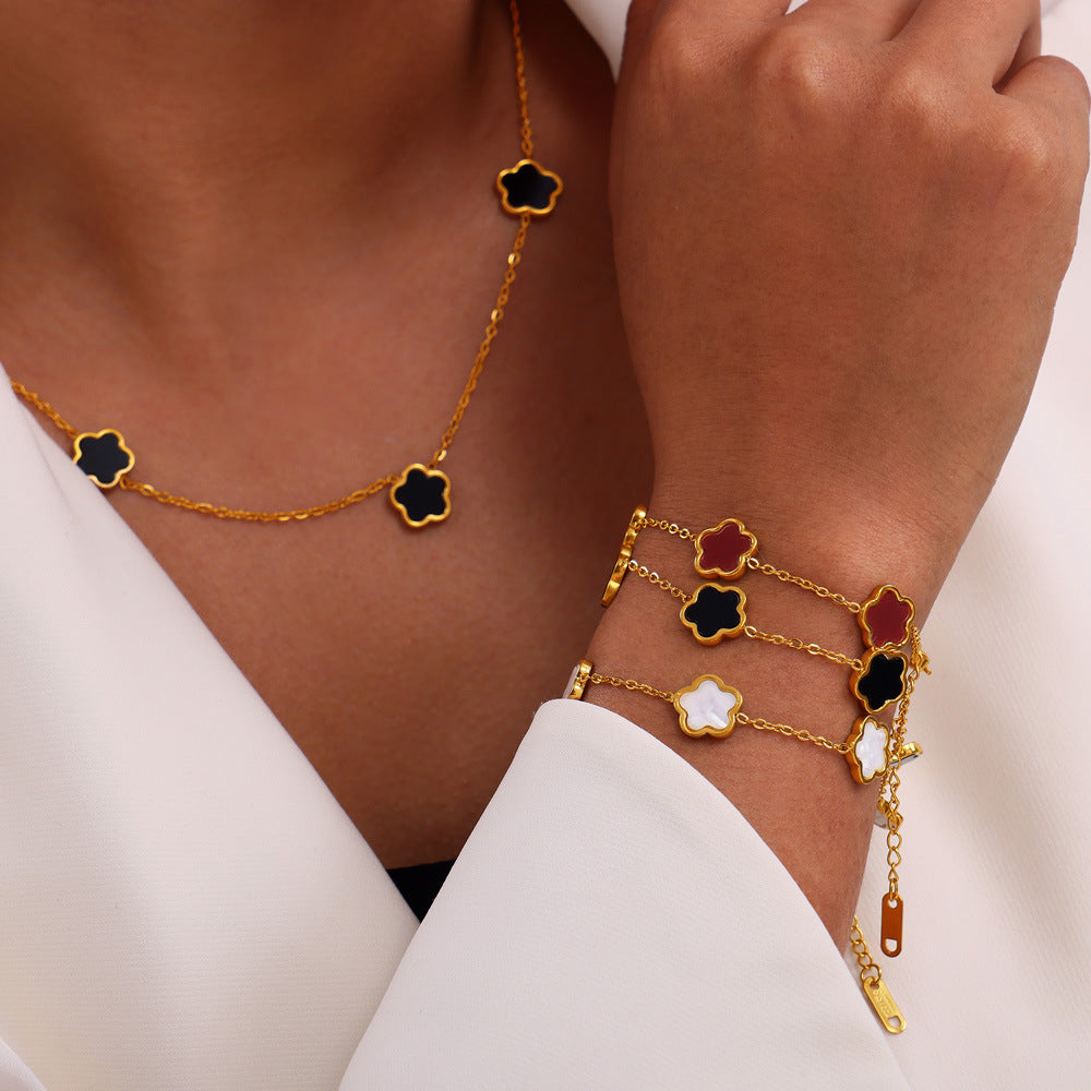 Flower Inlay White Shell Bracelet Necklace Earrings Jewelry Suit