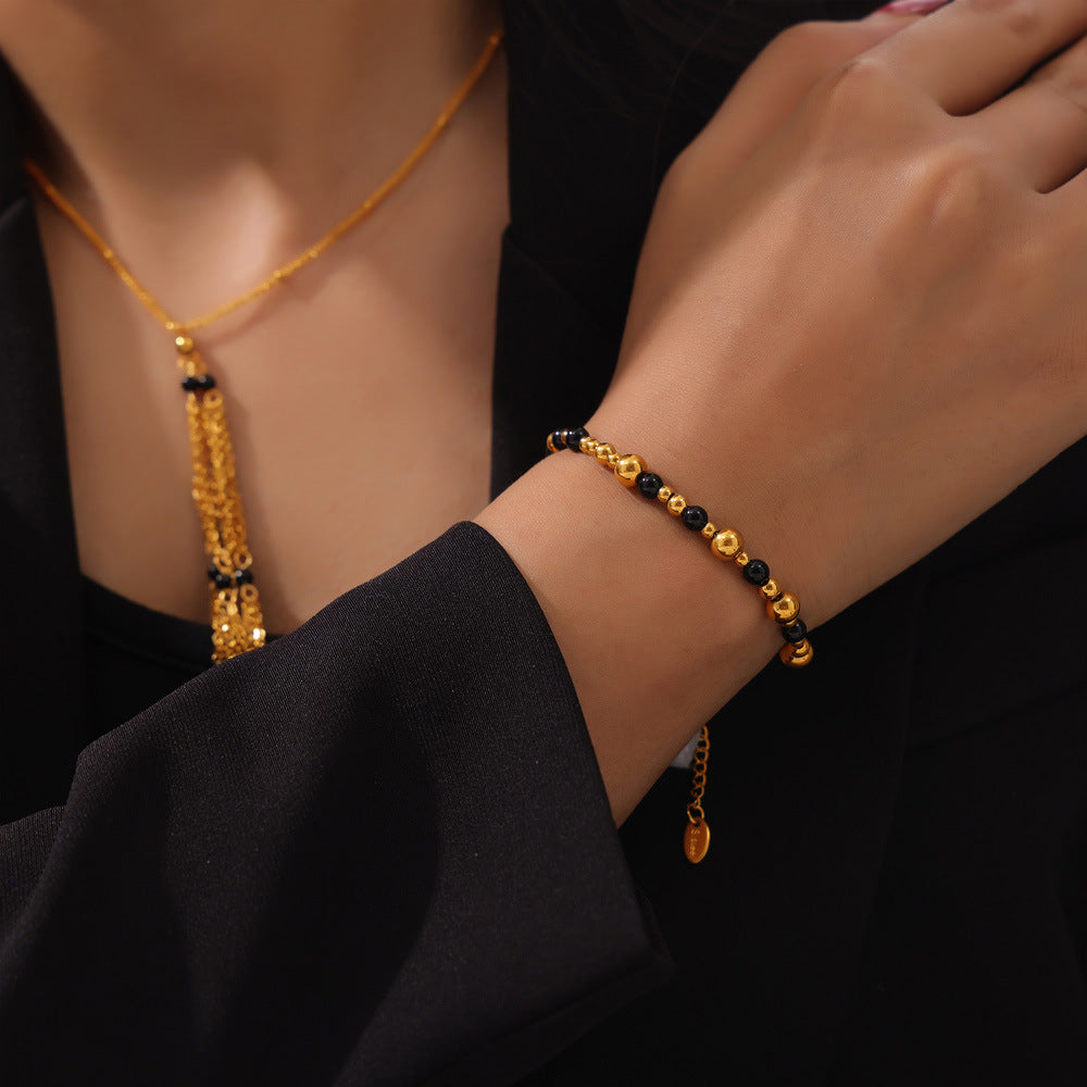 Multi-layer Chain Stitching Agate Stone Beaded Earrings Necklace Bracelet Jewelry Suit
