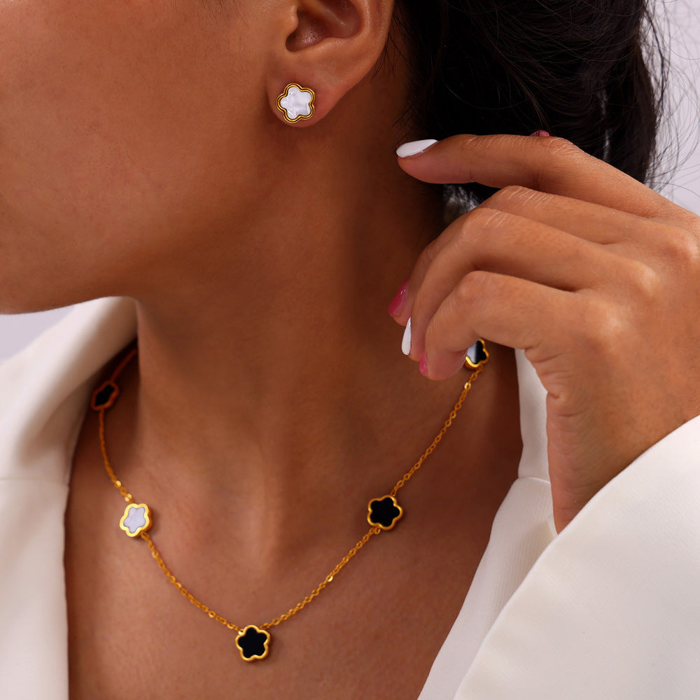 Flower Inlay White Shell Bracelet Necklace Earrings Jewelry Suit