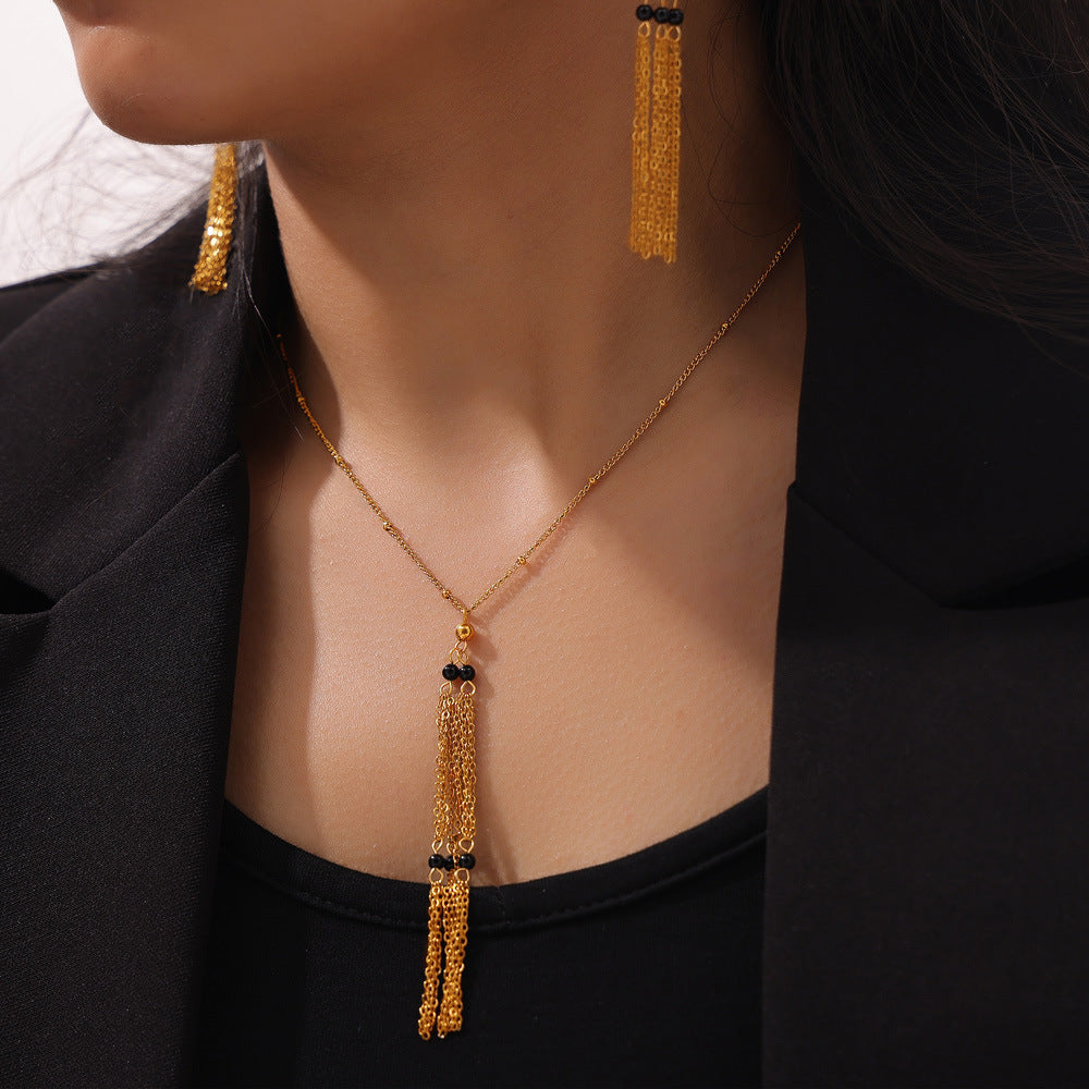 Multi-layer Chain Stitching Agate Stone Beaded Earrings Necklace Bracelet Jewelry Suit