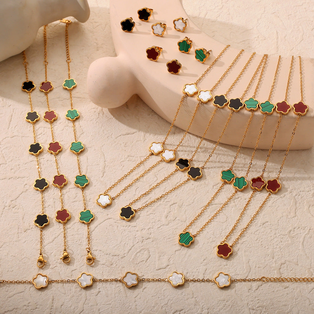 Flower Inlay White Shell Bracelet Necklace Earrings Jewelry Suit