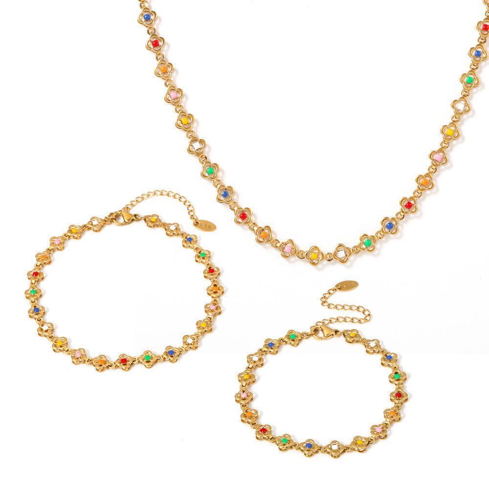 Stainless Steel Small Flower Oil Drop Necklace Bracelet Anklet Jewelry Suit