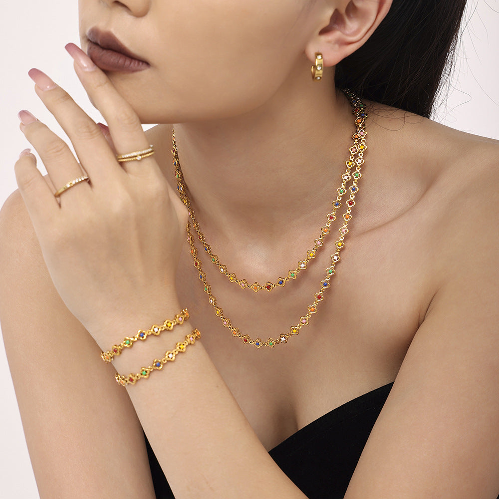 Stainless Steel Small Flower Oil Drop Necklace Bracelet Anklet Jewelry Suit