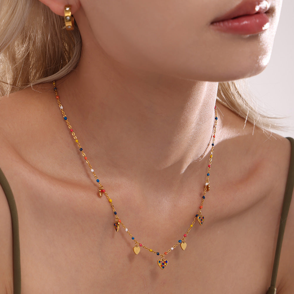 Stainless Steel Heart Shaped Cubic Zirconia Beaded Necklace Bracelet Anklet Jewelry Suit