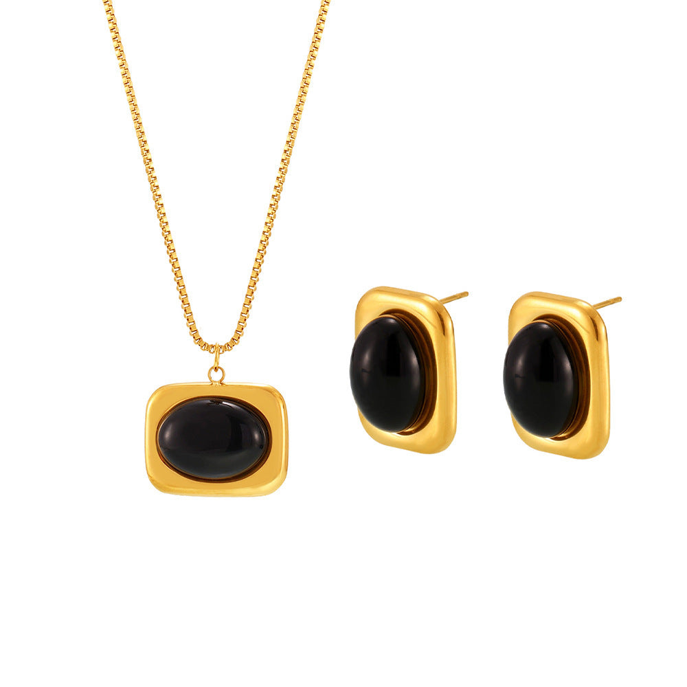 Natural Black Agate Earrings Necklace Ring Jewelry Suit