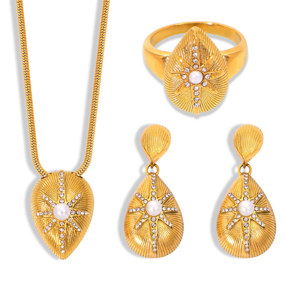 Texture Water Drop Shape Star Pattern Inlay Imitation Pearl Ring Earring Necklace Jewelry Suit