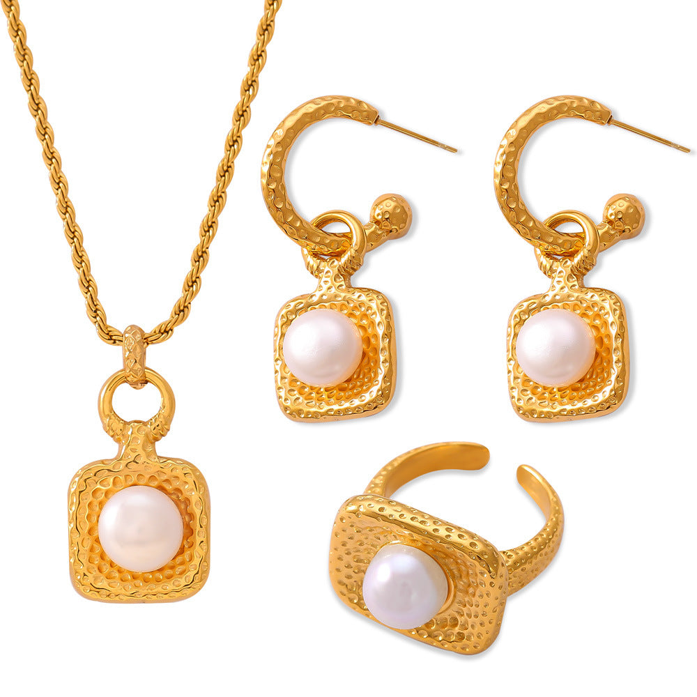 Square Textured Design Freshwater Pearl Pendant Necklace Ring Earrings Jewelry Suit