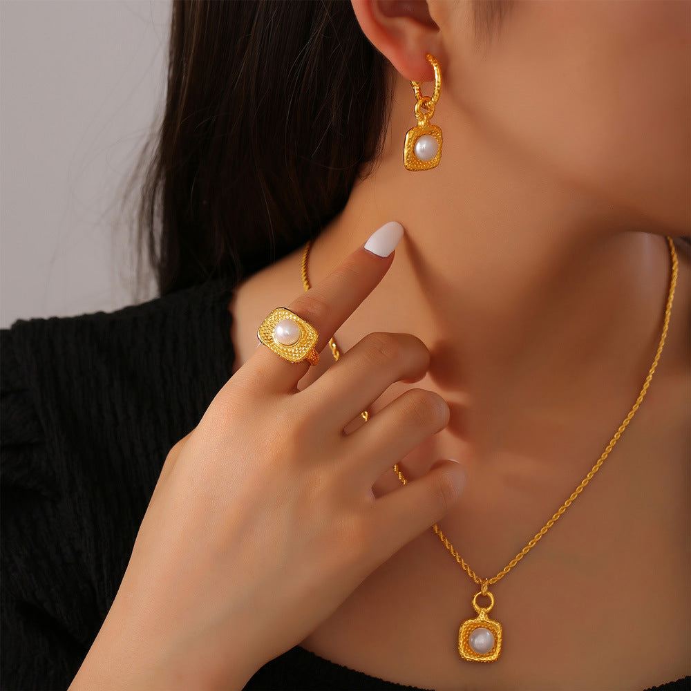 Square Textured Design Freshwater Pearl Pendant Necklace Ring Earrings Jewelry Suit