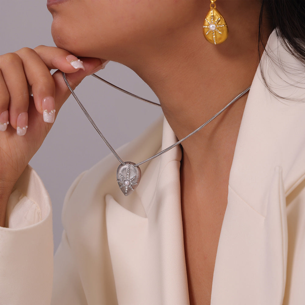 Texture Water Drop Shape Star Pattern Inlay Imitation Pearl Ring Earring Necklace Jewelry Suit