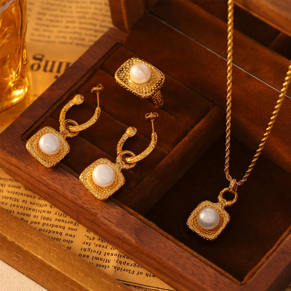 Square Textured Design Freshwater Pearl Pendant Necklace Ring Earrings Jewelry Suit