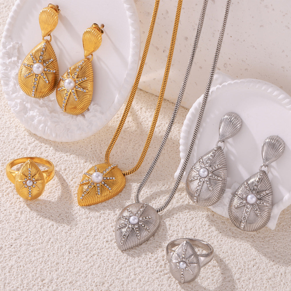 Texture Water Drop Shape Star Pattern Inlay Imitation Pearl Ring Earring Necklace Jewelry Suit