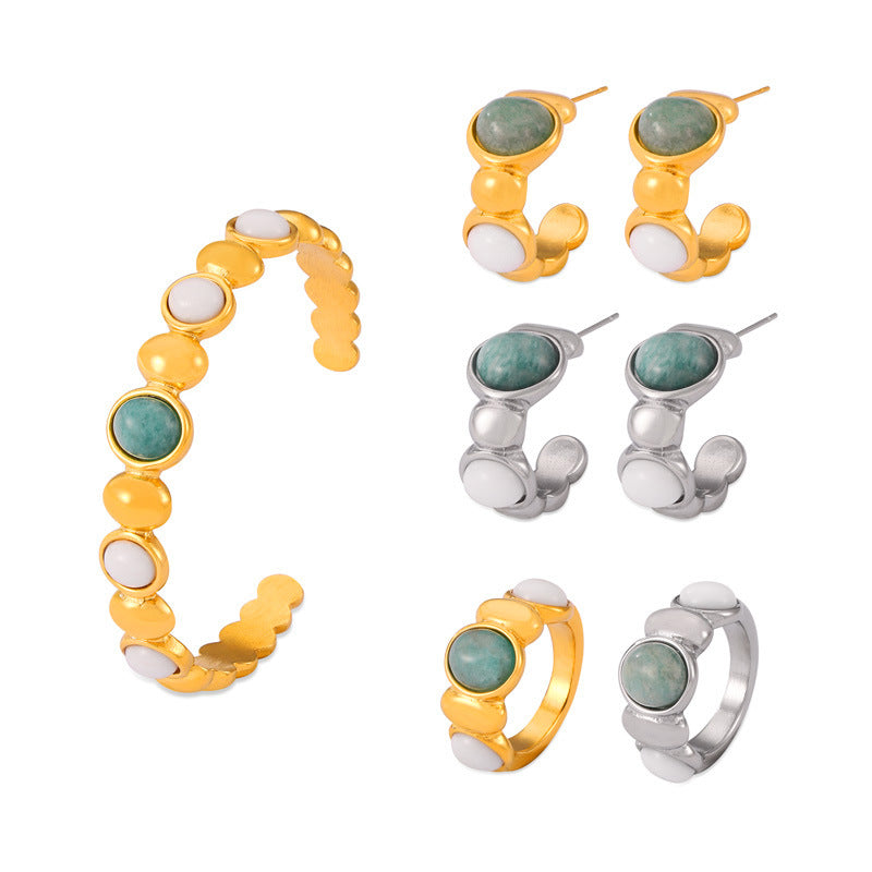 Natural Stone Stitching Round Beads Ring Earrings Bracelet Jewelry Suit