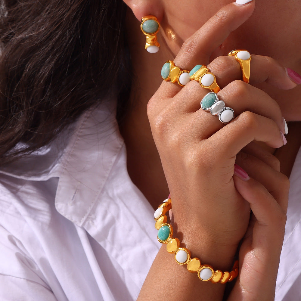 Natural Stone Stitching Round Beads Ring Earrings Bracelet Jewelry Suit
