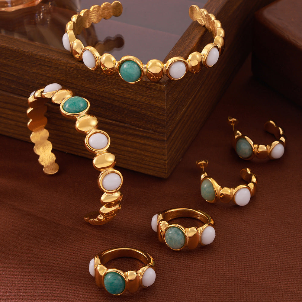 Natural Stone Stitching Round Beads Ring Earrings Bracelet Jewelry Suit