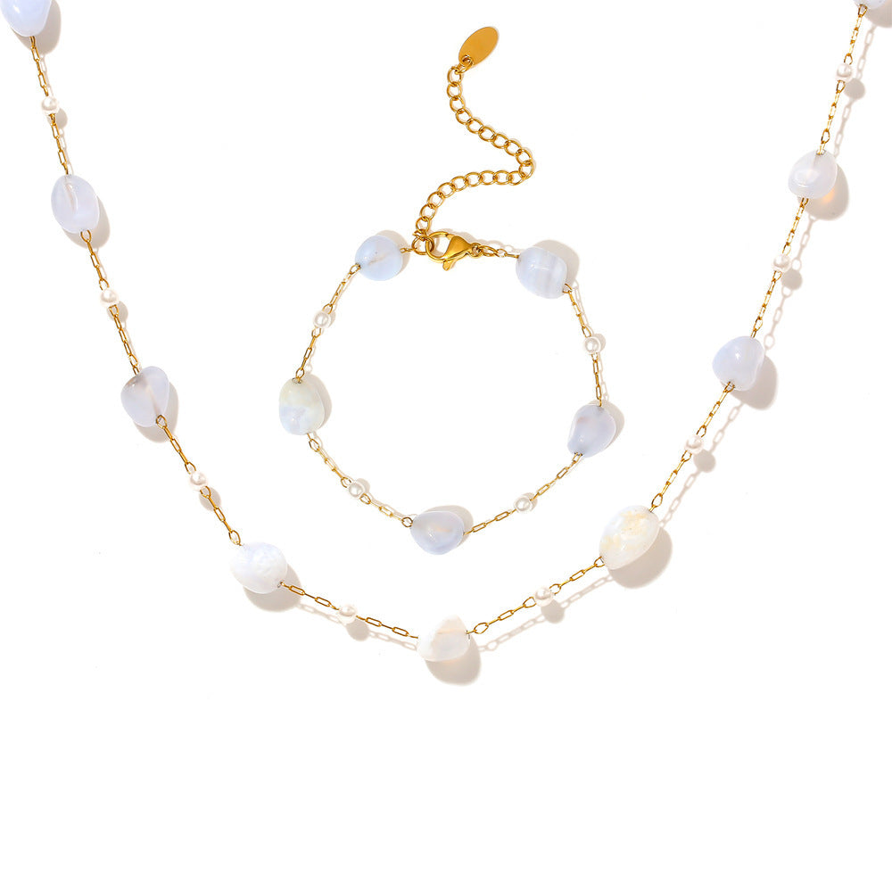 Natural Stone Imitation Pearl Beaded Necklace Bracelet Jewelry Suit
