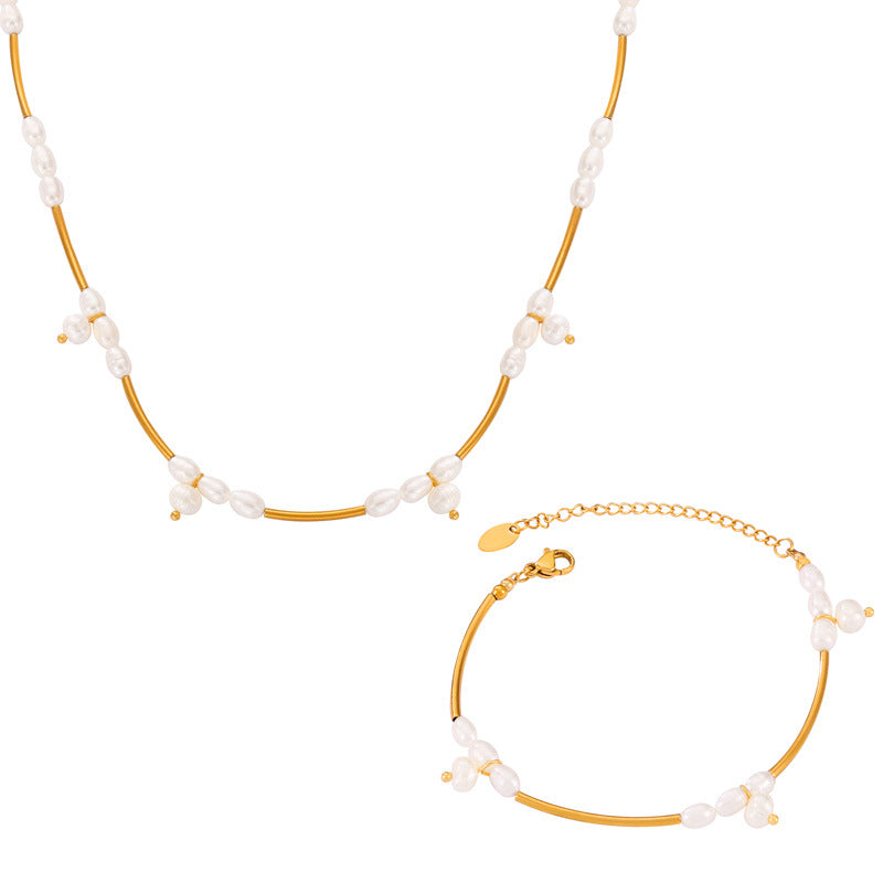 Geometric Freshwater Pearl Beaded Stainless Steel Necklace Bracelet Jewelry Suit