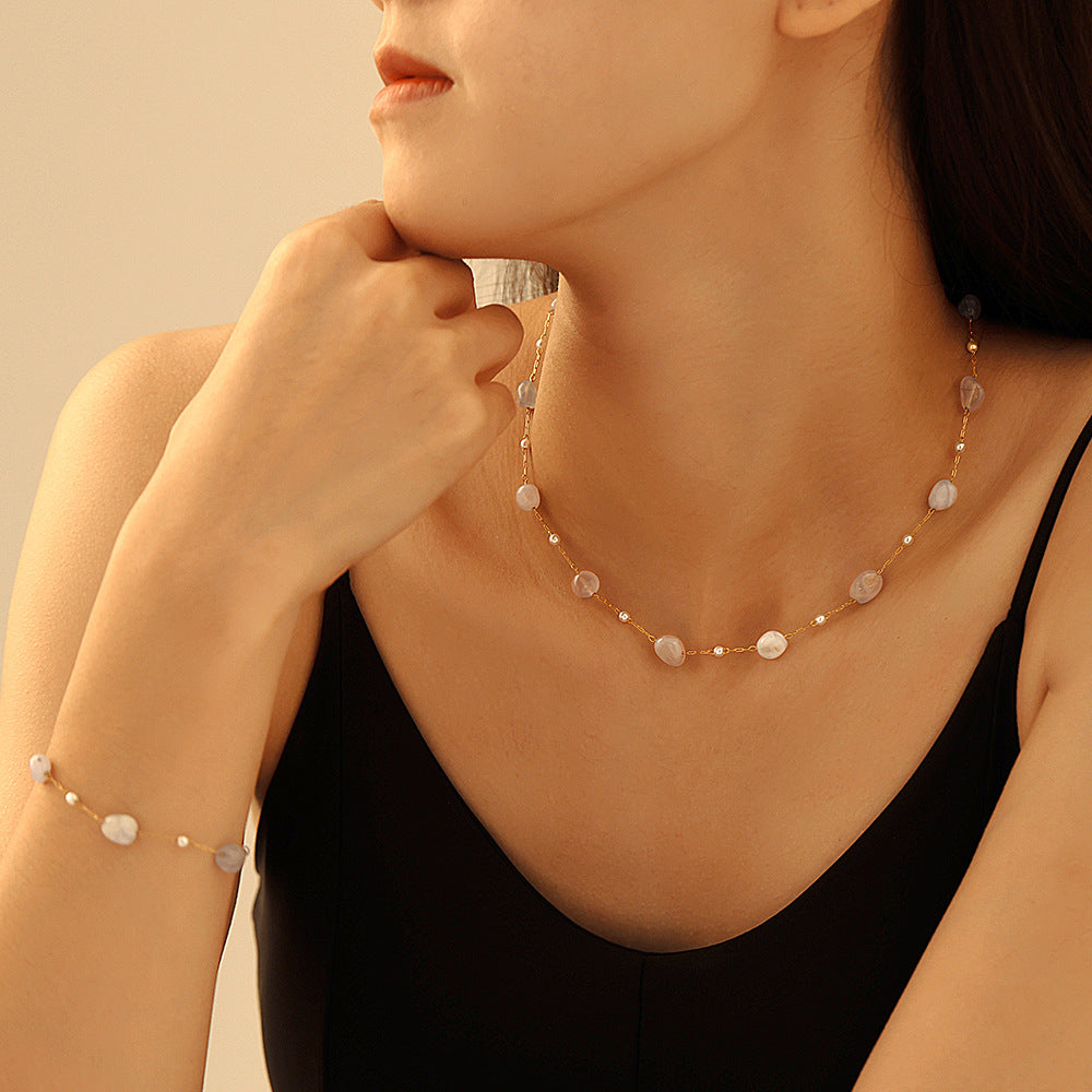 Natural Stone Imitation Pearl Beaded Necklace Bracelet Jewelry Suit
