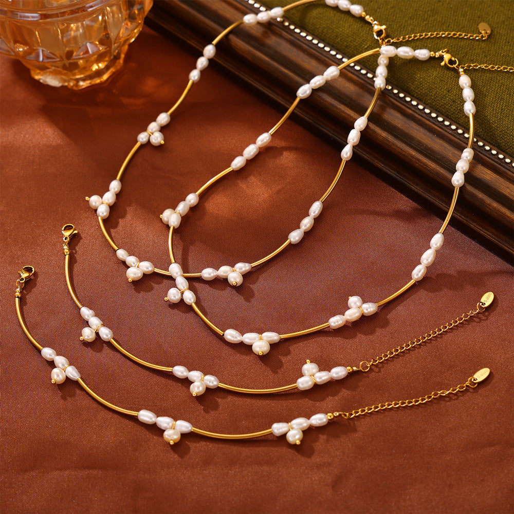 Geometric Freshwater Pearl Beaded Stainless Steel Necklace Bracelet Jewelry Suit