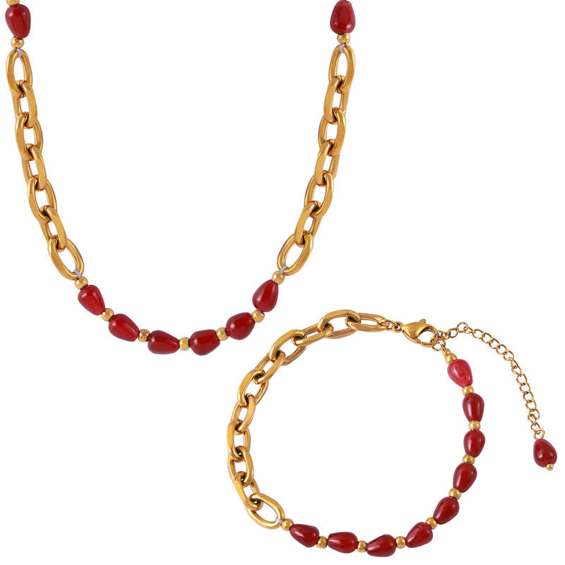 Red Agate Garnet Beaded Design Bracelet Necklace Jewelry Suit