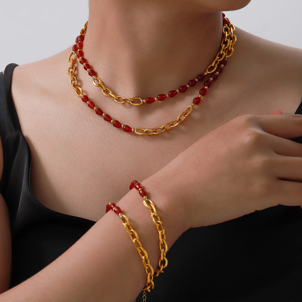 Red Agate Garnet Beaded Design Bracelet Necklace Jewelry Suit
