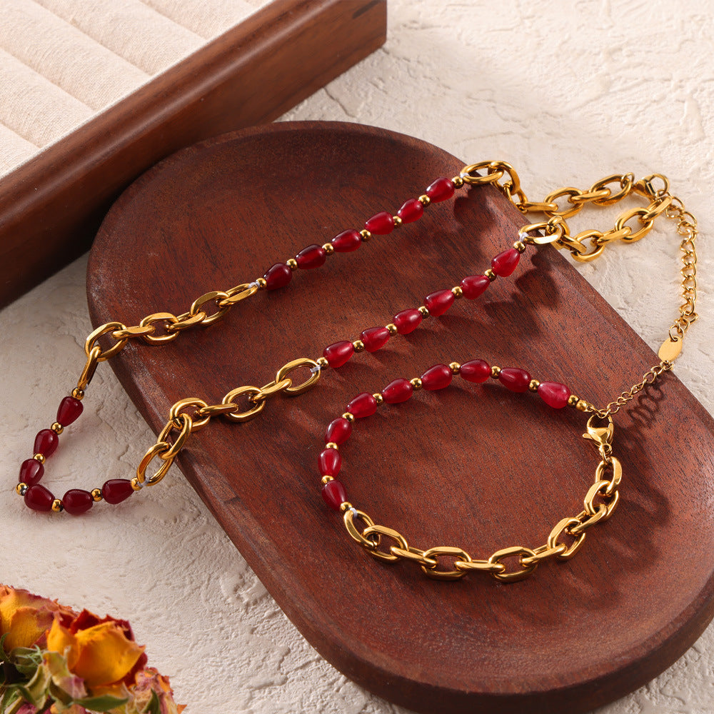Red Agate Garnet Beaded Design Bracelet Necklace Jewelry Suit