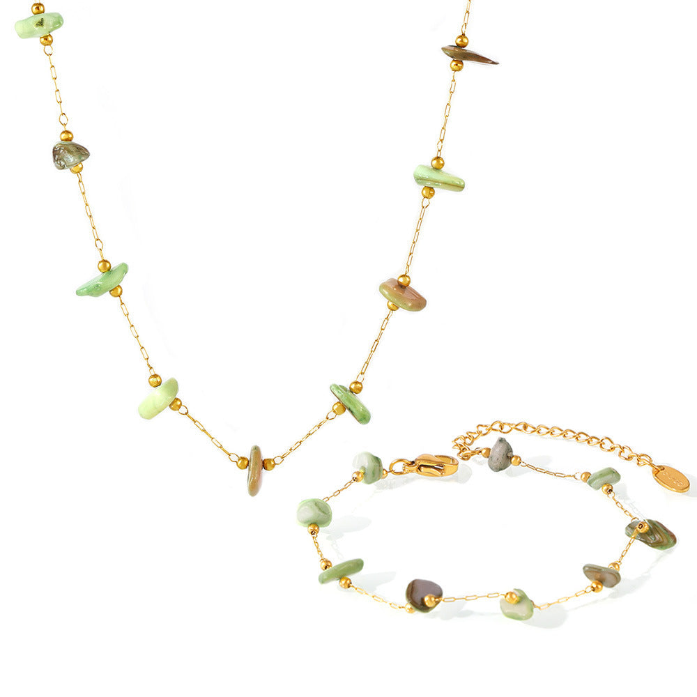 Green Natural Stone Beaded Necklace Bracelet Jewelry Suit