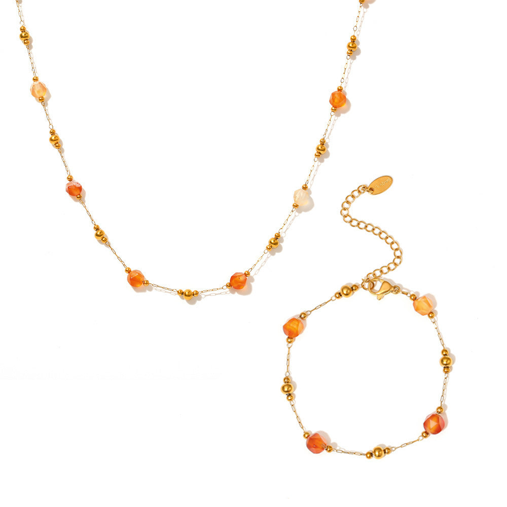 Red White Natural Stone Beaded Necklace Bracelet Jewelry Suit