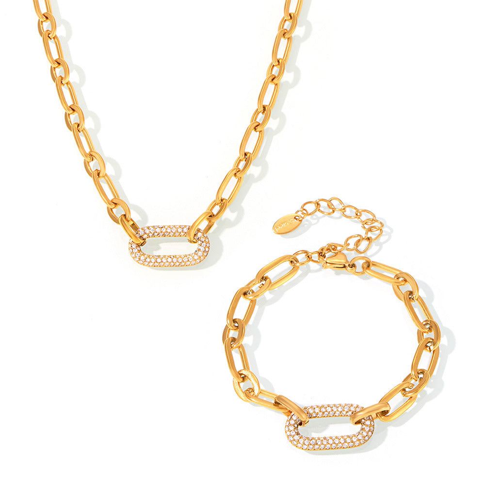 Stainless Steel Hollow Oval Cubic Zirconia Necklace Bracelet Jewelry Suit