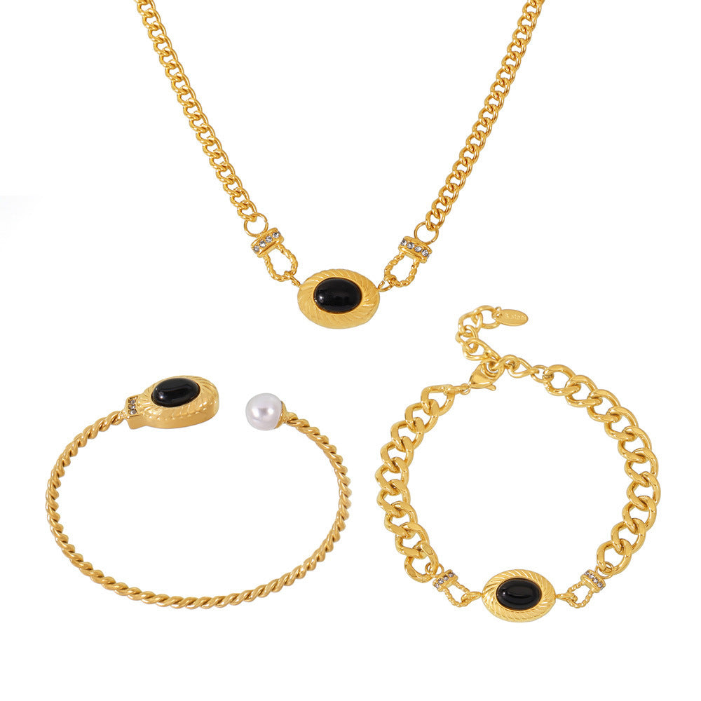 Black Agate Horseshoe Buckle Necklace Bracelet Jewelry Suit