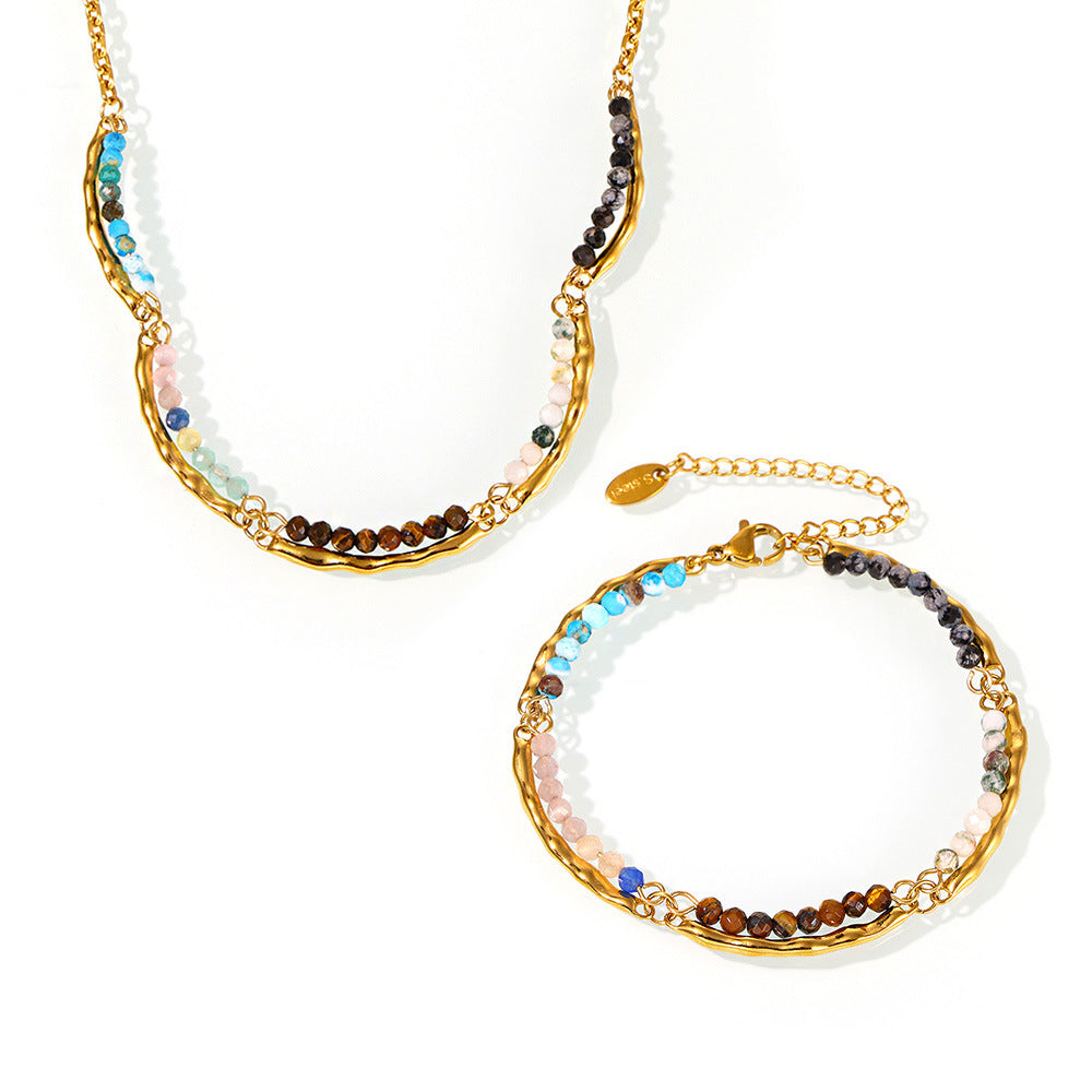 Stainless Steel Beaded Chain Double Necklace Bracelet Jewelry Suit