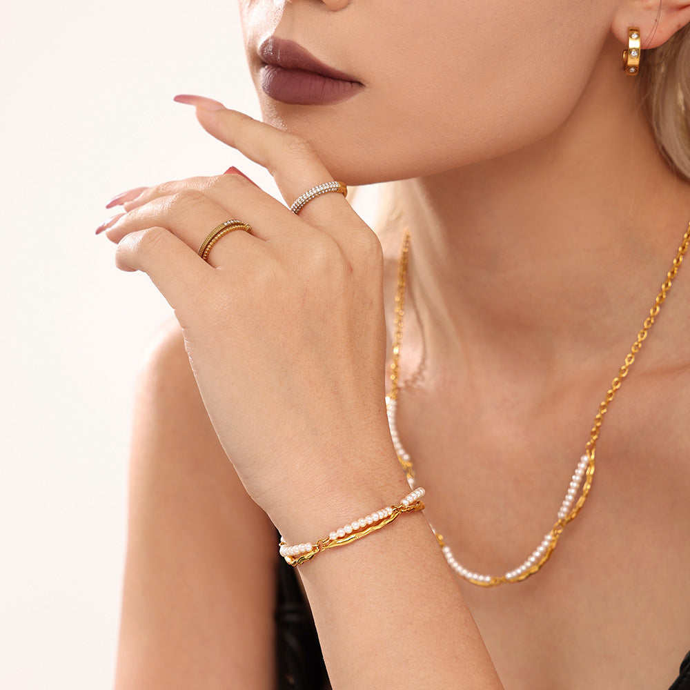 Stainless Steel Beaded Chain Double Necklace Bracelet Jewelry Suit