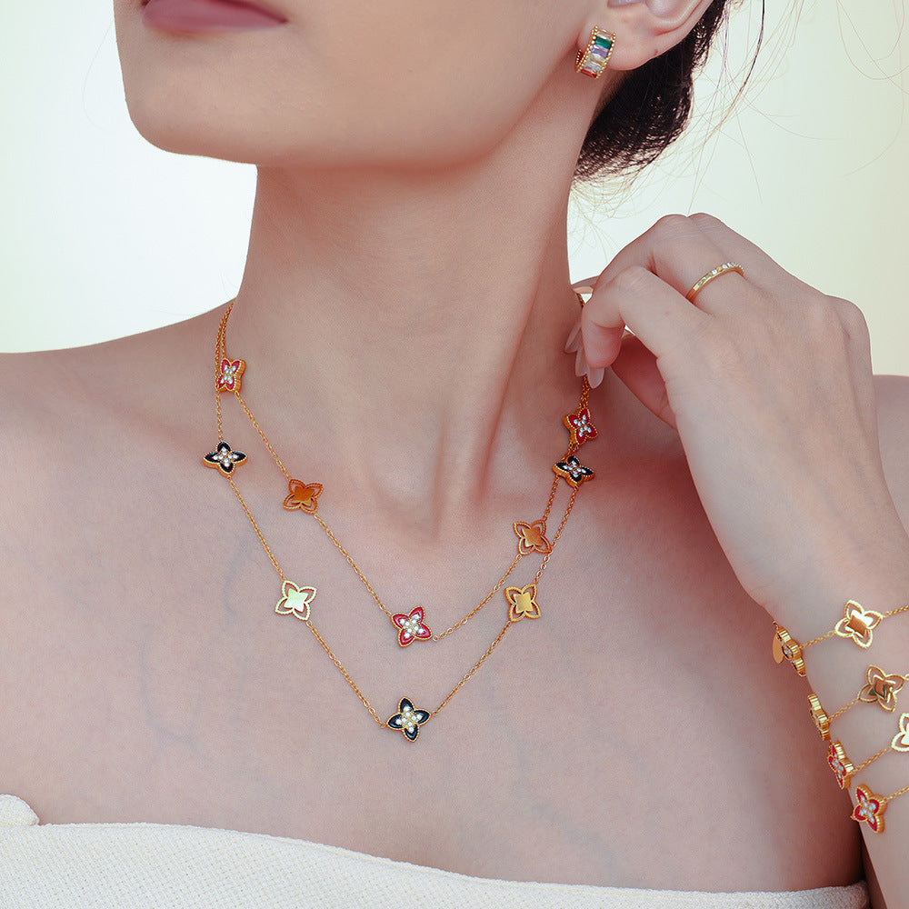 Red Oil Drop Four-leaf Flower Bracelet Necklace Jewelry Suit