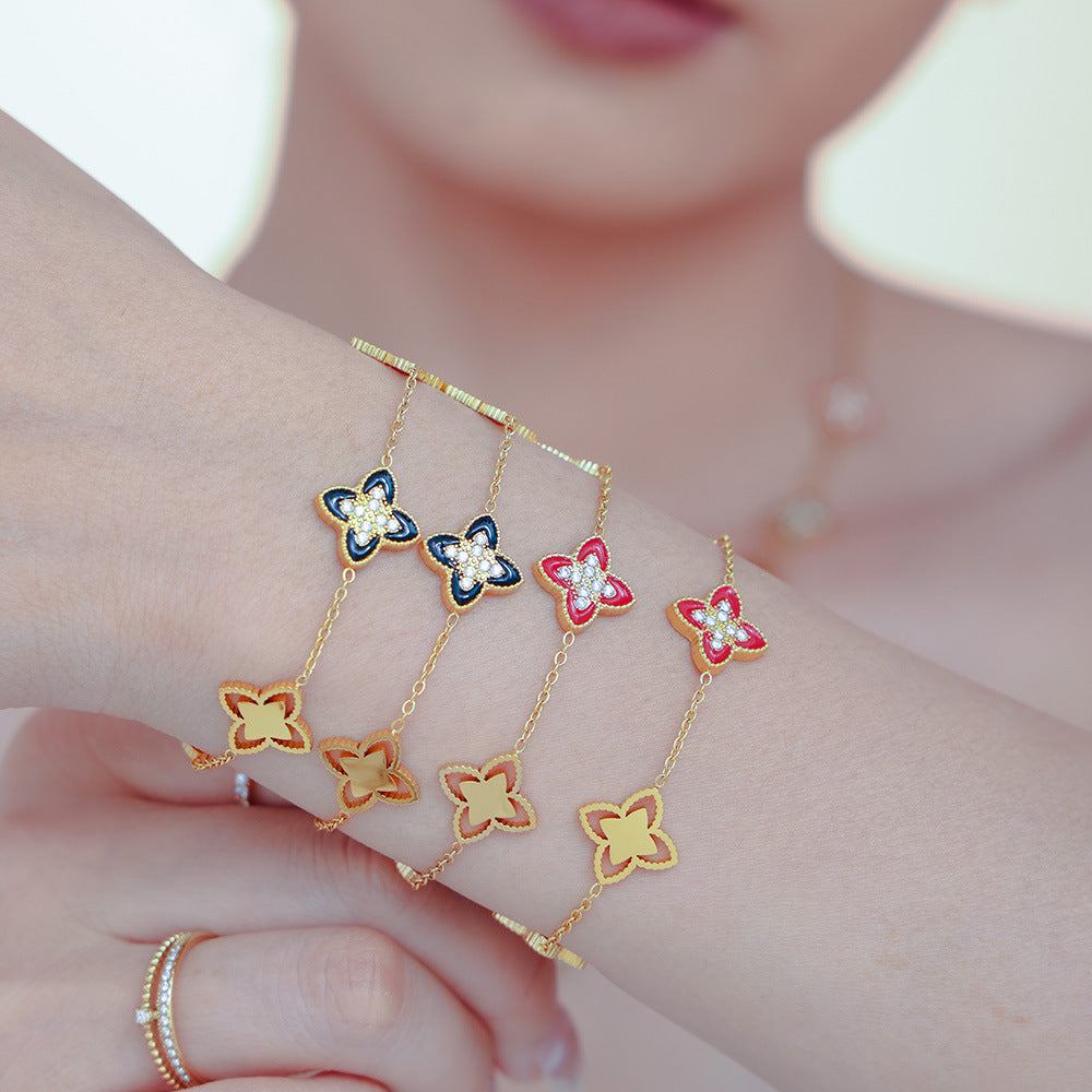 Red Oil Drop Four-leaf Flower Bracelet Necklace Jewelry Suit