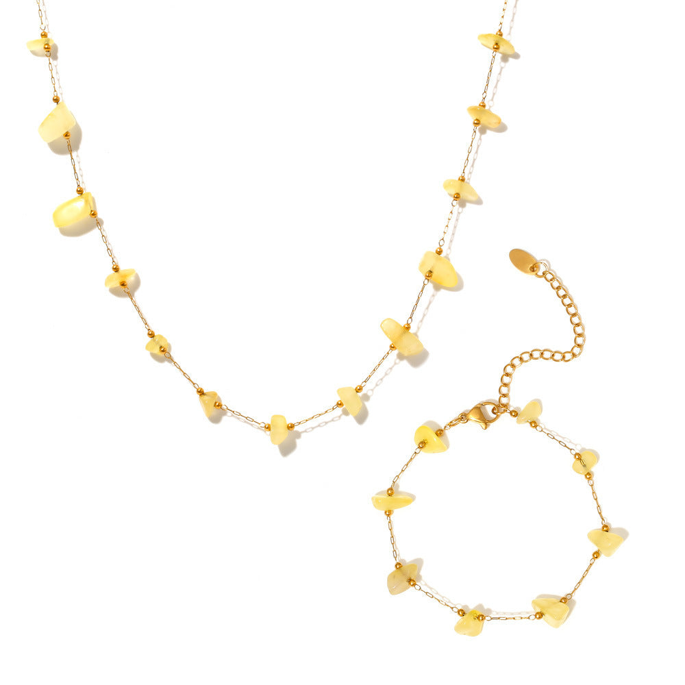 Stainless Steel Yellow Natural Stone Beaded Necklace Bracelet Jewelry Suit