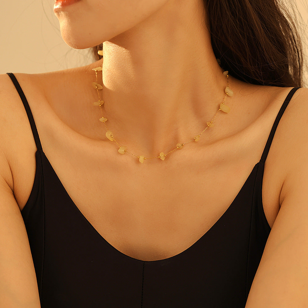 Stainless Steel Yellow Natural Stone Beaded Necklace Bracelet Jewelry Suit
