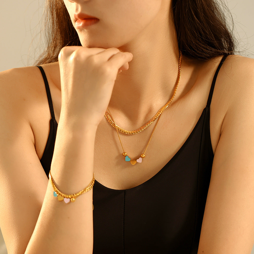 Stainless Steel Oil Drop Heart Double Layer Necklace Bracelet Jewelry Suit