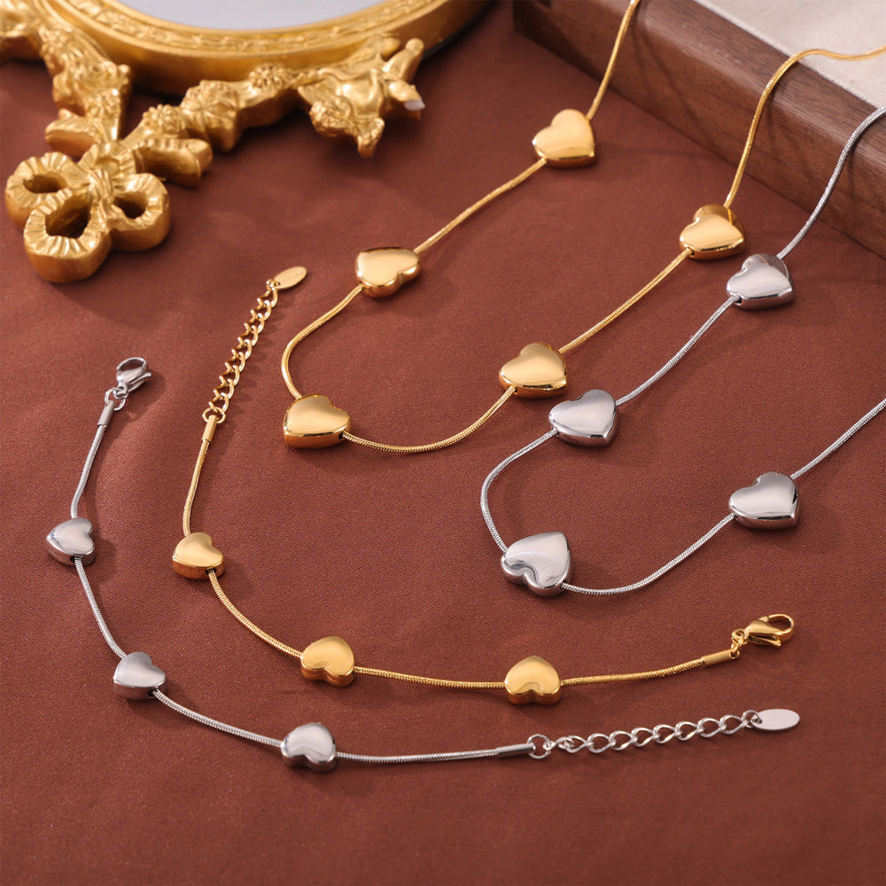 Heart Pendant Snake Chain Necklace Bracelet Jewelry Suit