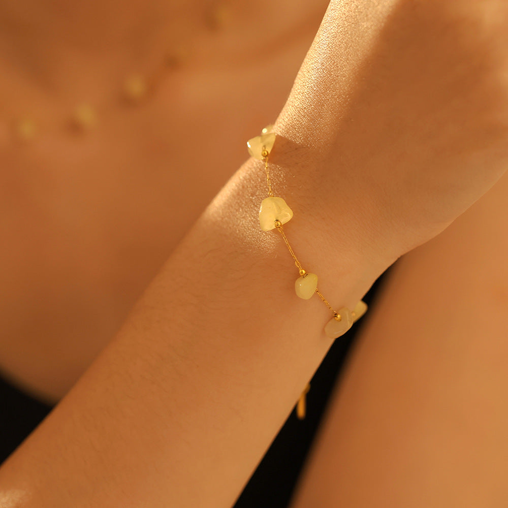 Stainless Steel Yellow Natural Stone Beaded Necklace Bracelet Jewelry Suit
