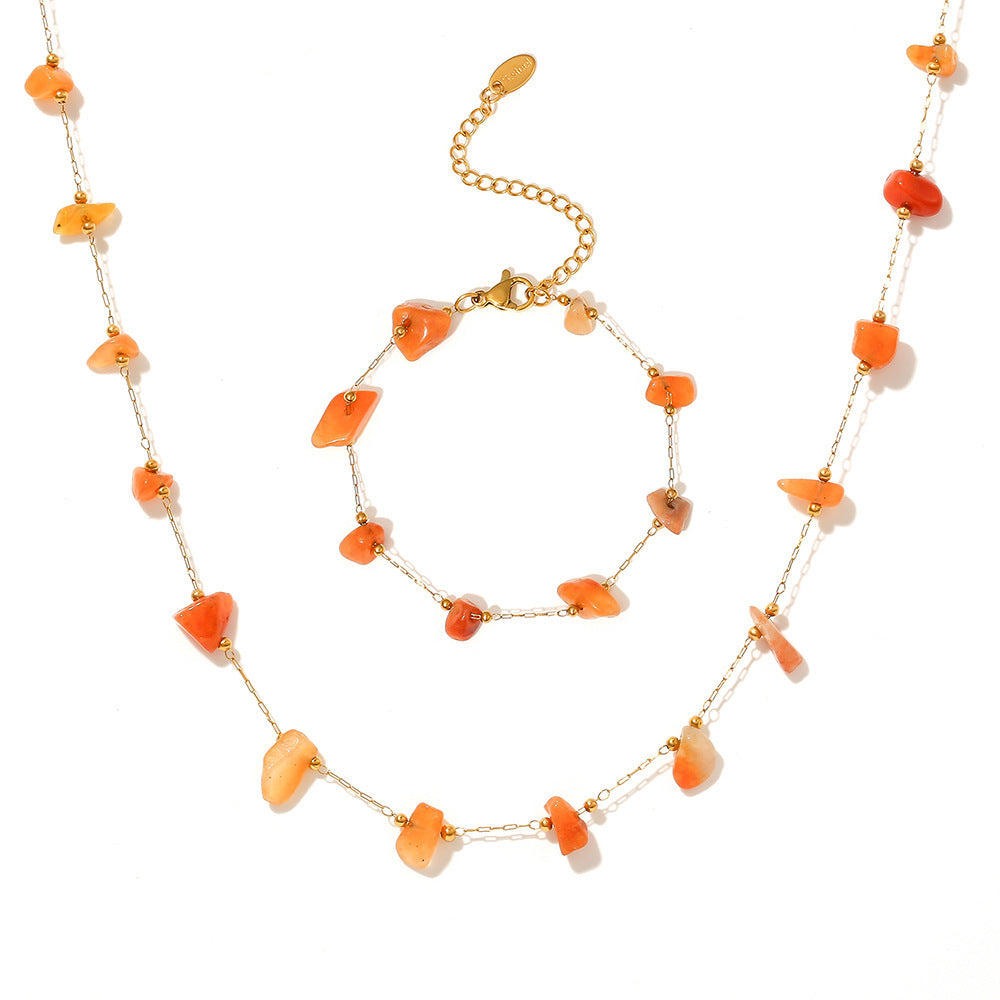 Orange Natural Stone Beaded Necklace Bracelet Jewelry Suit