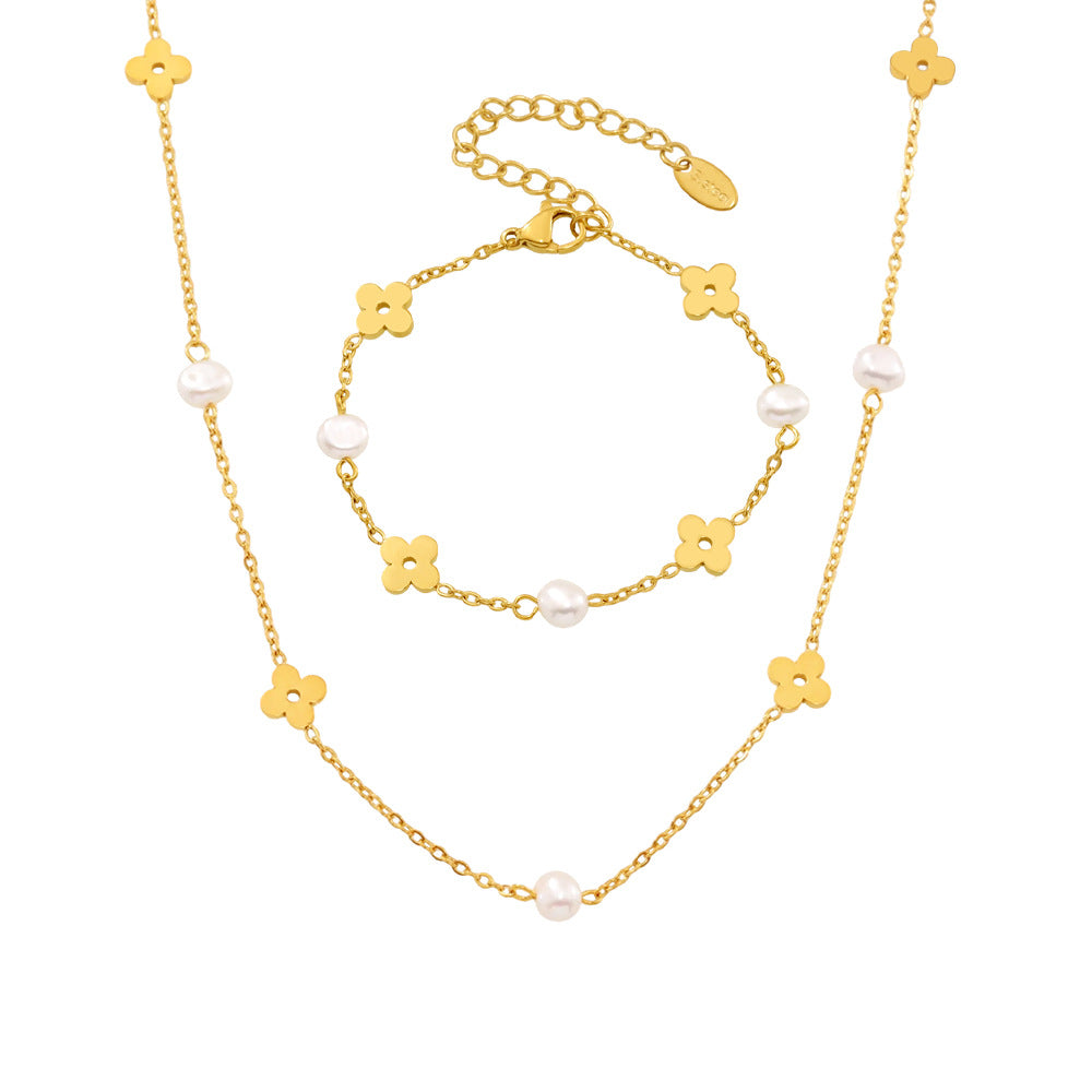 Freshwater Pearl Flower Stainless Steel Necklace Bracelet Jewelry Suit
