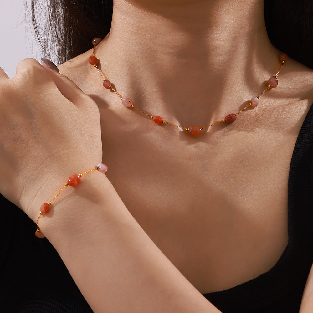 Natural Pink Agate Necklace Bracelet Jewelry Suit