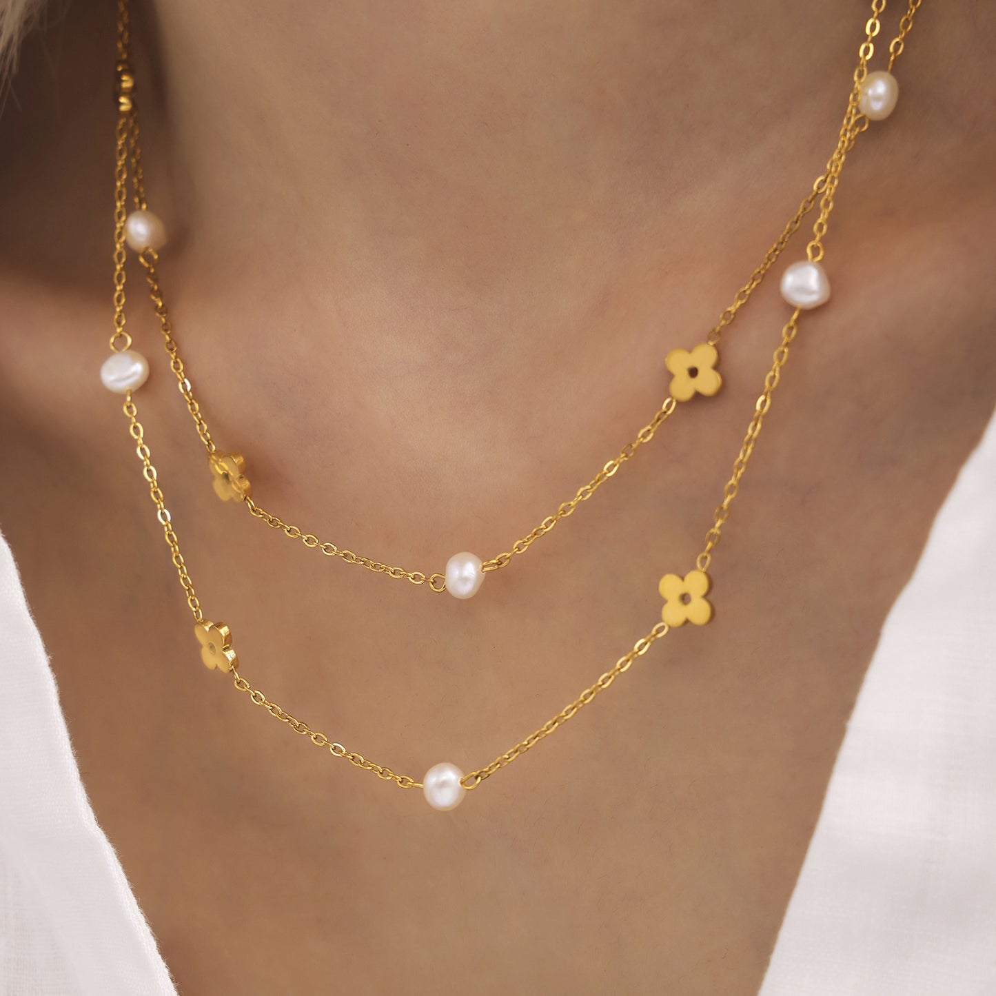 Freshwater Pearl Flower Stainless Steel Necklace Bracelet Jewelry Suit