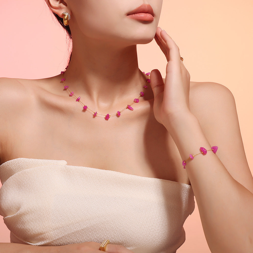 Bright Pink Natural Stone Beaded Necklace Bracelet Jewelry Suit