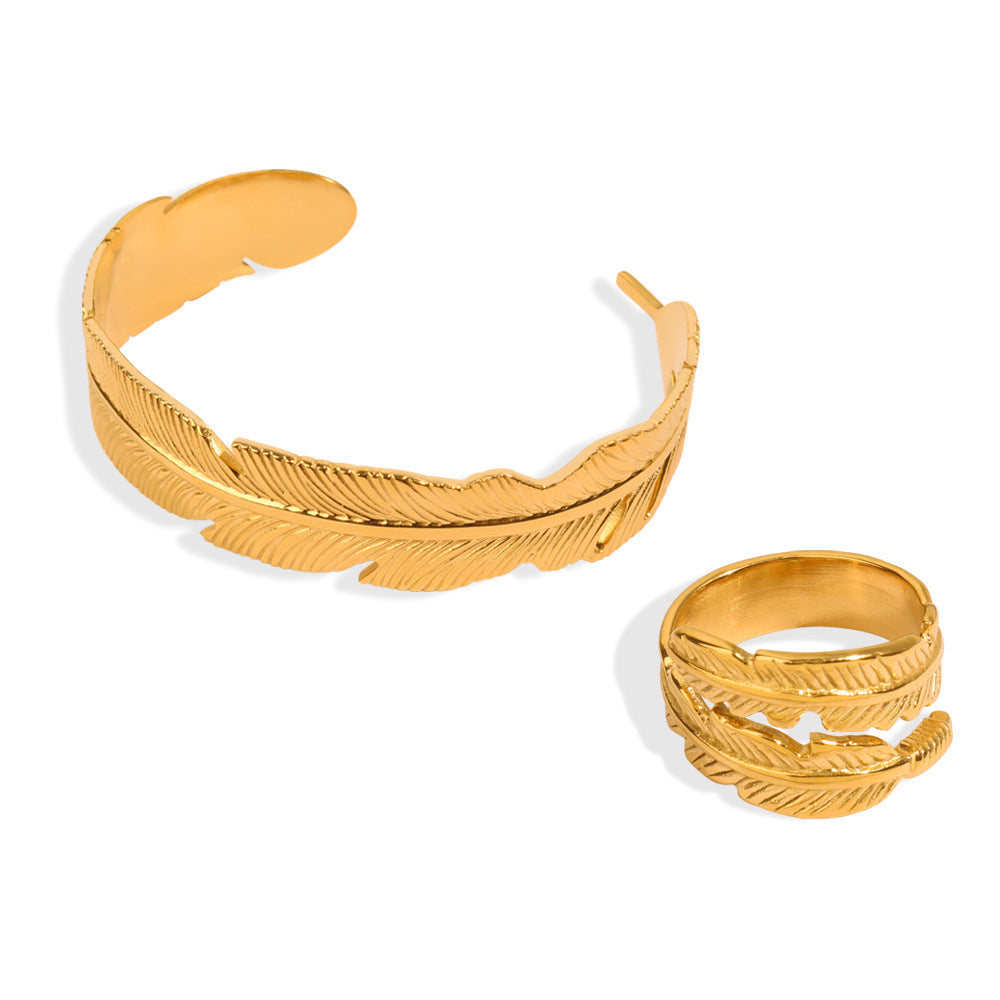 Stainless Steel Feather Cuff Bracelet Ring Jewelry Suit