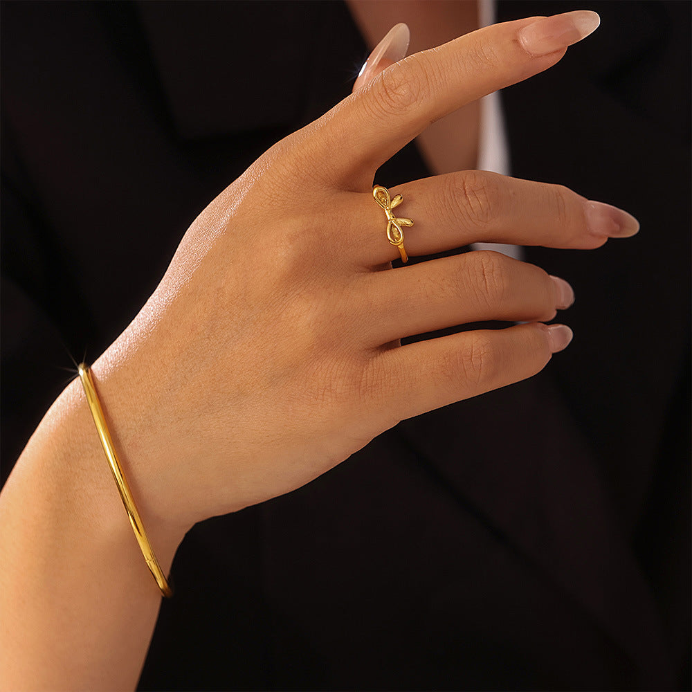 Polished Stainless Steel Thin Bracelet Bow Ring Jewelry Suit